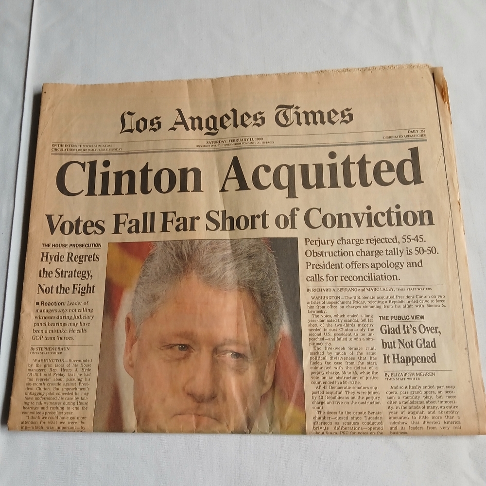 Vintage Los Angeles Times Newspaper - Clinton Acquitted Headline 1999